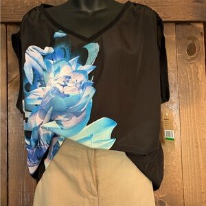 DKNY Black Blouse with Vibrant Blue Floral Accent